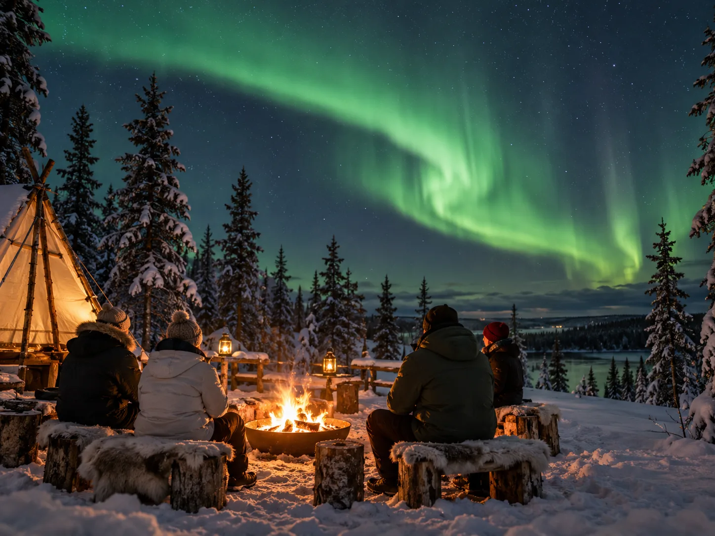 Acampamento noturno sob a aurora boreal na Lapônia.