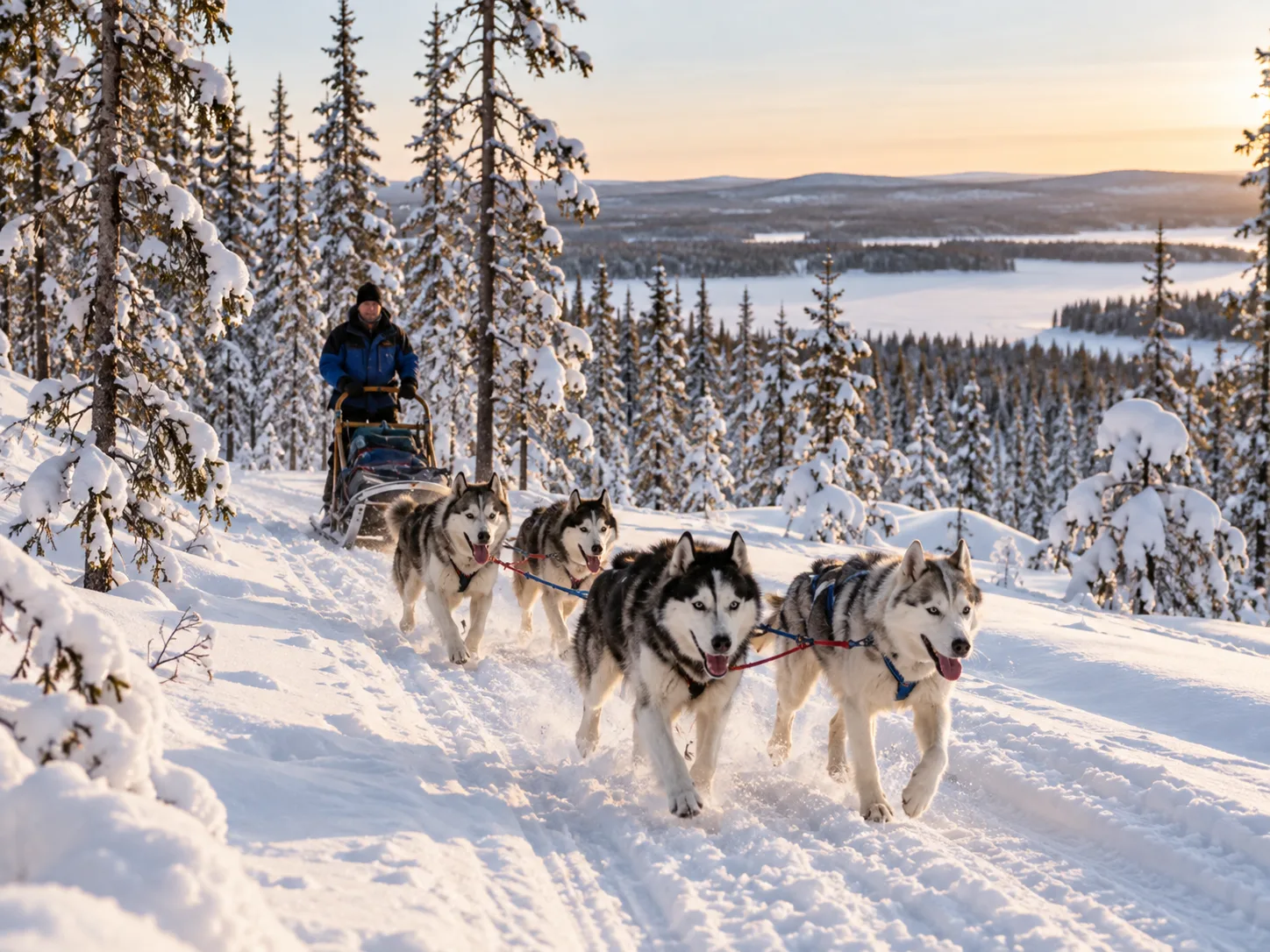 Trenó com huskies em uma floresta nevada da Lapônia.