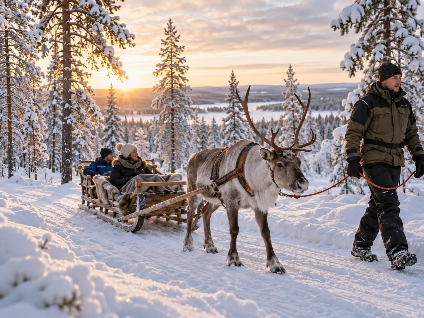 Trenó com renas em uma paisagem nevada da Lapônia.