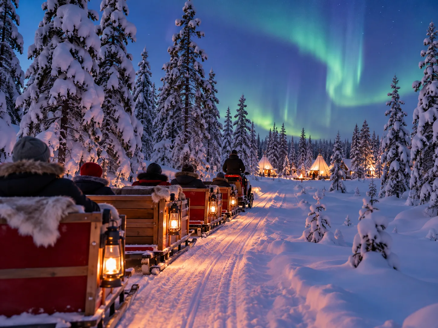 Snowtrain atravessa uma paisagem nevada na Lapônia.