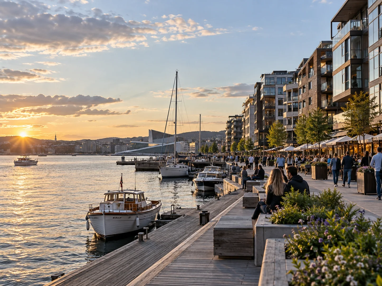 Orla de Aker Brygge, em Oslo, com barcos e fachadas urbanas.