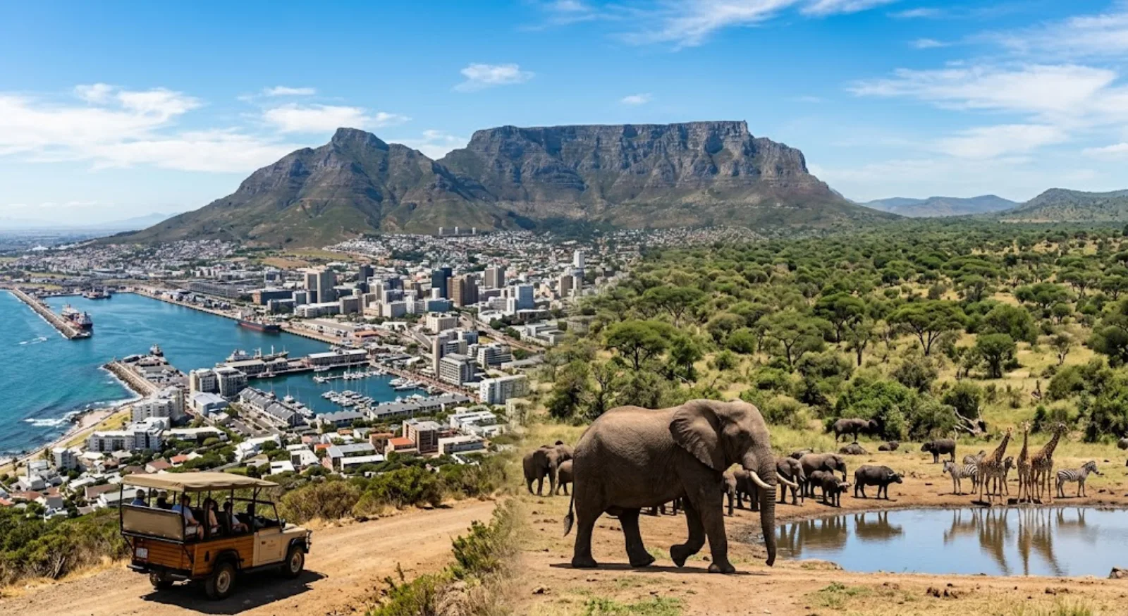 Vista da Cidade do Cabo com a Table Mountain e um elefante